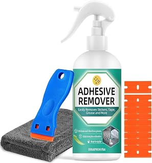 Adhesive Remover Spray, Glue Remover with Plastic Scraper and Towel, Surface Safe Sticky Stuff Remover for Car, Windows, Floor, Sticker Remover Rapidly Removes Labels, Gum, Tape, Wax (10.5Fl oz)