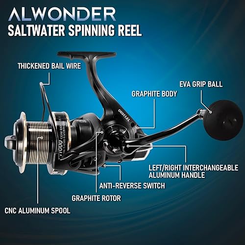 Miniatura 7 de Alwonder Carrete giratorio de agua salada 1000011000 carrete de pesca de surf grafito 13+1 acero inoxidable BBS 35LB Max Drag Heavy Duty Surf