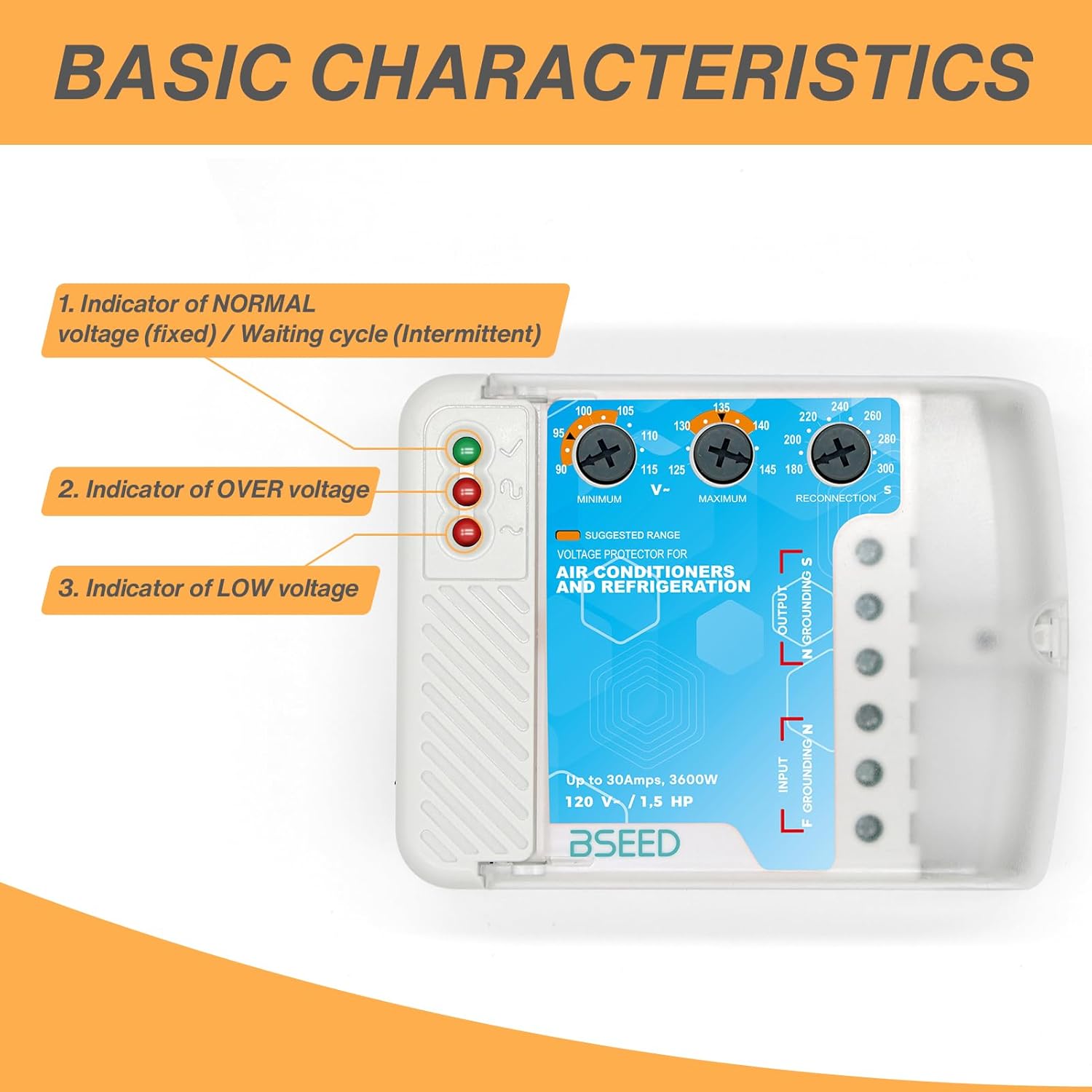 BSEED Surge Protector Outlet for Refrigerator, Wiring Heavy Duty Power Surge Protector Voltage Regulator for TV, Computer and Home Appliances, Adjustable, 120V, 30A, 3600W, 2 Pack