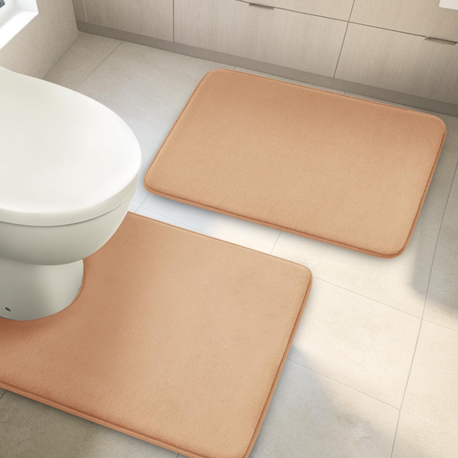 YIHOUSE Bathroom Rug Sets 2 Piece, Memory Foam Bath Mat, Non Slip Super Absorbent Soft Bathroom Mats, Machine Washable Bathroom Floor Mats Sets for Sink,Tub, Shower and Toilet,Beige