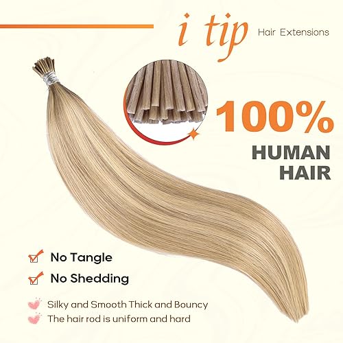 Miniatura 2 de DIYOMO I Tip - Extensiones de cabello humano, 1622 rubio claro con reflejos rubio decolorado de 24 pulgadas, extensiones de cabello con punta en I