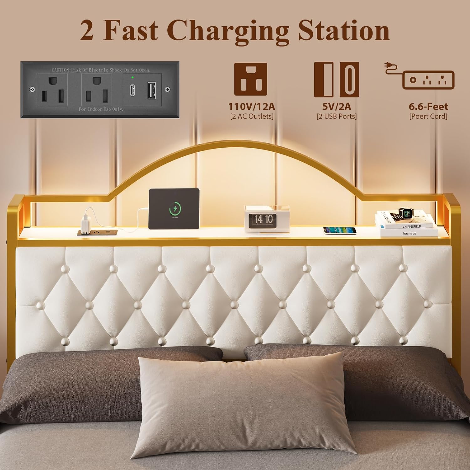 Full Size White Bed Frame with 2 Storage Drawers, LED Lights, and Charging Station Upholstered Platform with Crystal Button-Tufted Headboard & Footboard No Box Spring Needed