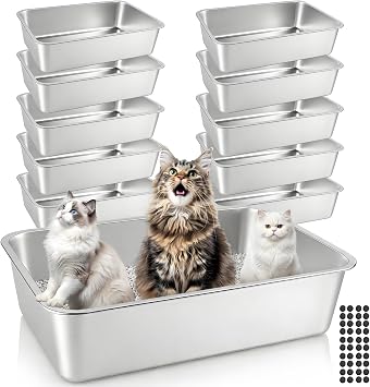 10 Pack Stainless Steel Litter Box - High Sided Metal Cat Litter Box with Non-Slip Gaskets | Easy to Clean Odor-Free Non-Stick | Durable Pet Toilet Tray for Indoor Kittens Cats Small Pets XL