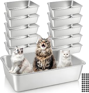10 Pack Stainless Steel Litter Box - High Sided Metal Cat Litter Box with Non-Slip Gaskets | Easy to Clean Odor-Free Non-Stick | Durable Pet Toilet Tray for Indoor Kittens Cats Small Pets (XL)