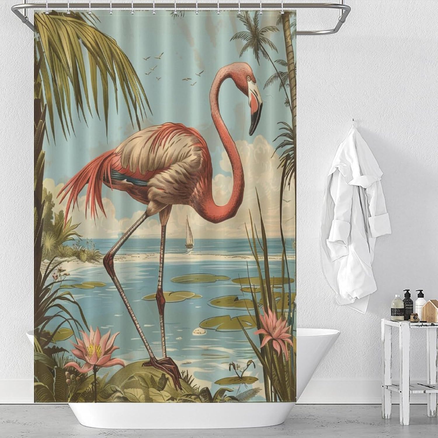 Vintage Palm Tree Leaf Shower Curtain, Fantasy Jungle Flamingo Bird Shower Curtain Set with 12 Hooks for Bathroom Decor Accessories Bathtub Curtain, 72"x84"
