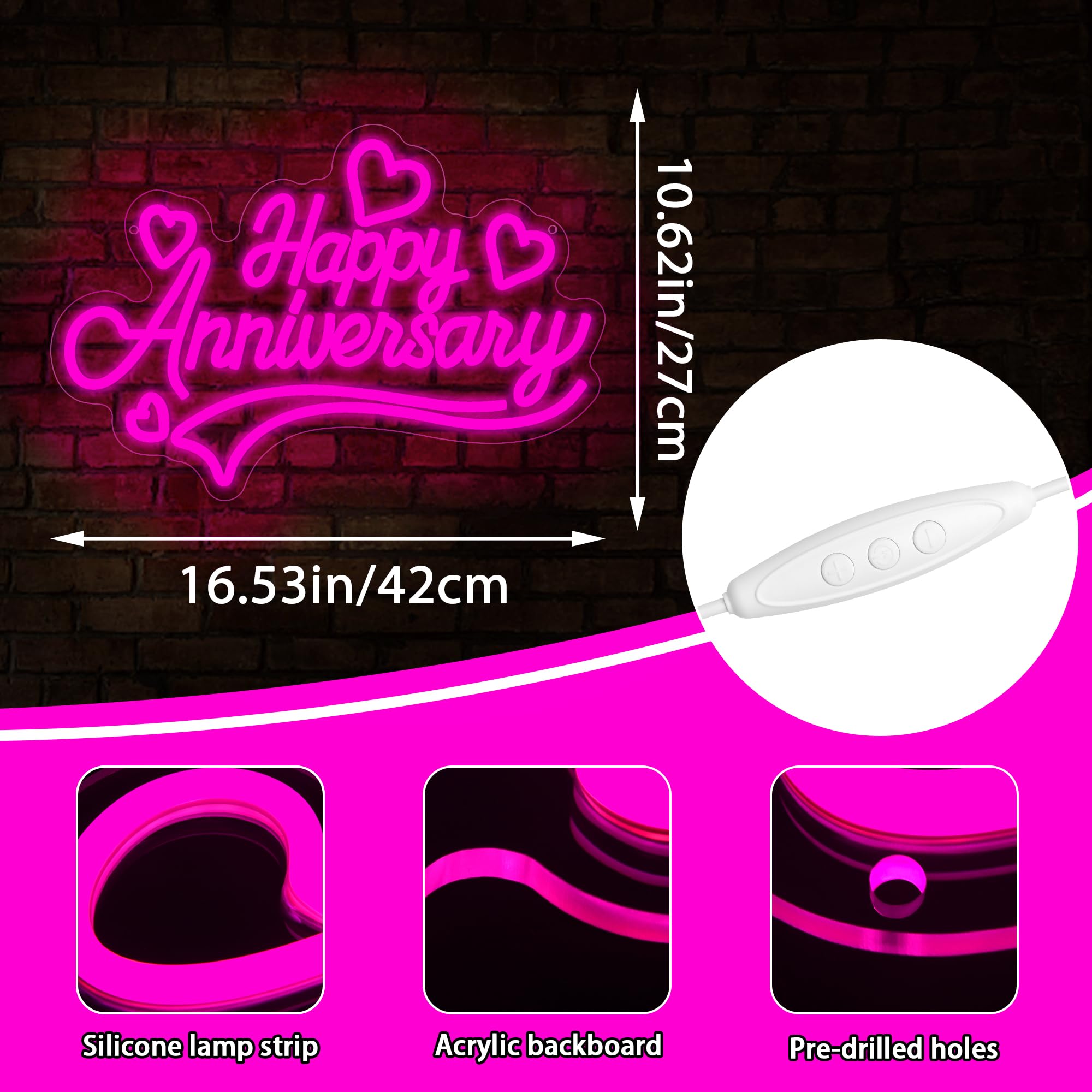 Neonschild mit Aufschrift "Happy Anniversary" für Wanddekoration, rosa LED-Licht, Herzhände, Neonlicht für Schlafzimmer, Mädchenzimmer, Hochzeitstag, Geburtstag, Party, Dekoration, Geschenke für sie