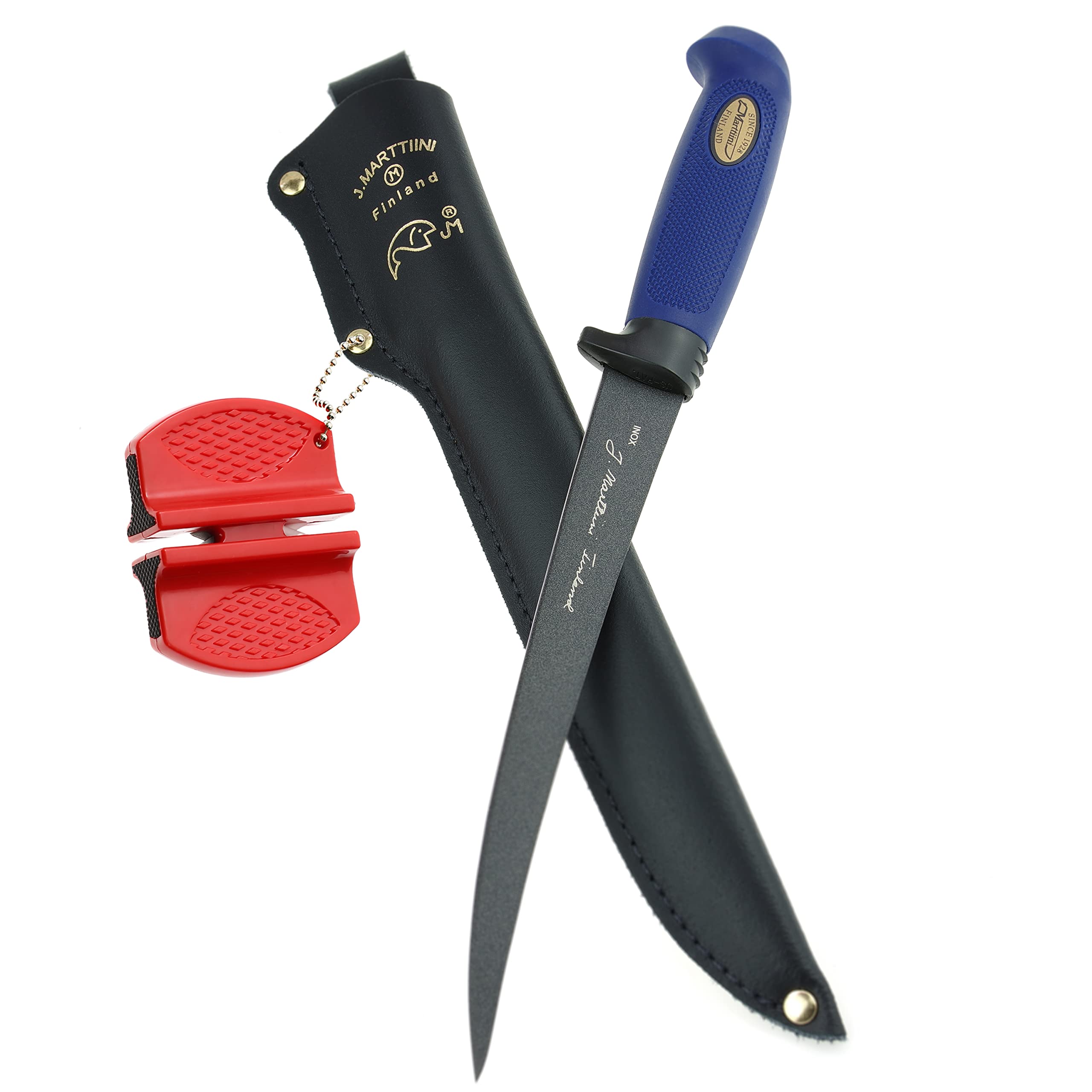 Marttiini Martef, set combinato con coltello per sfilettare da 30,6 cm, rivestito, estremamente affilato e flessibile e affilacoltelli Lansky Crock Stick