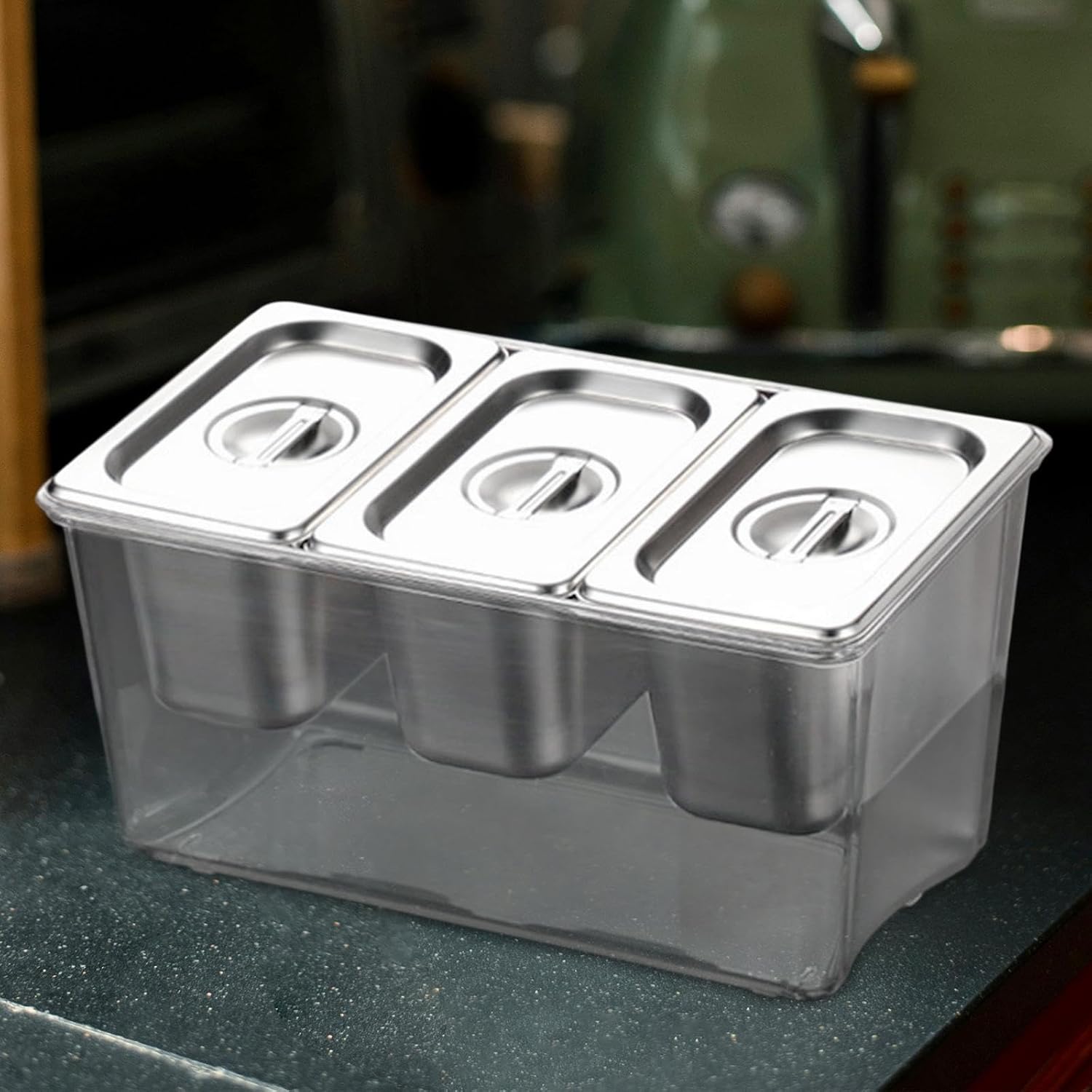 Chilled Condiment Server Tray Seasoning Organizer Box with Containers Commercial Jams Box, 3 compartments