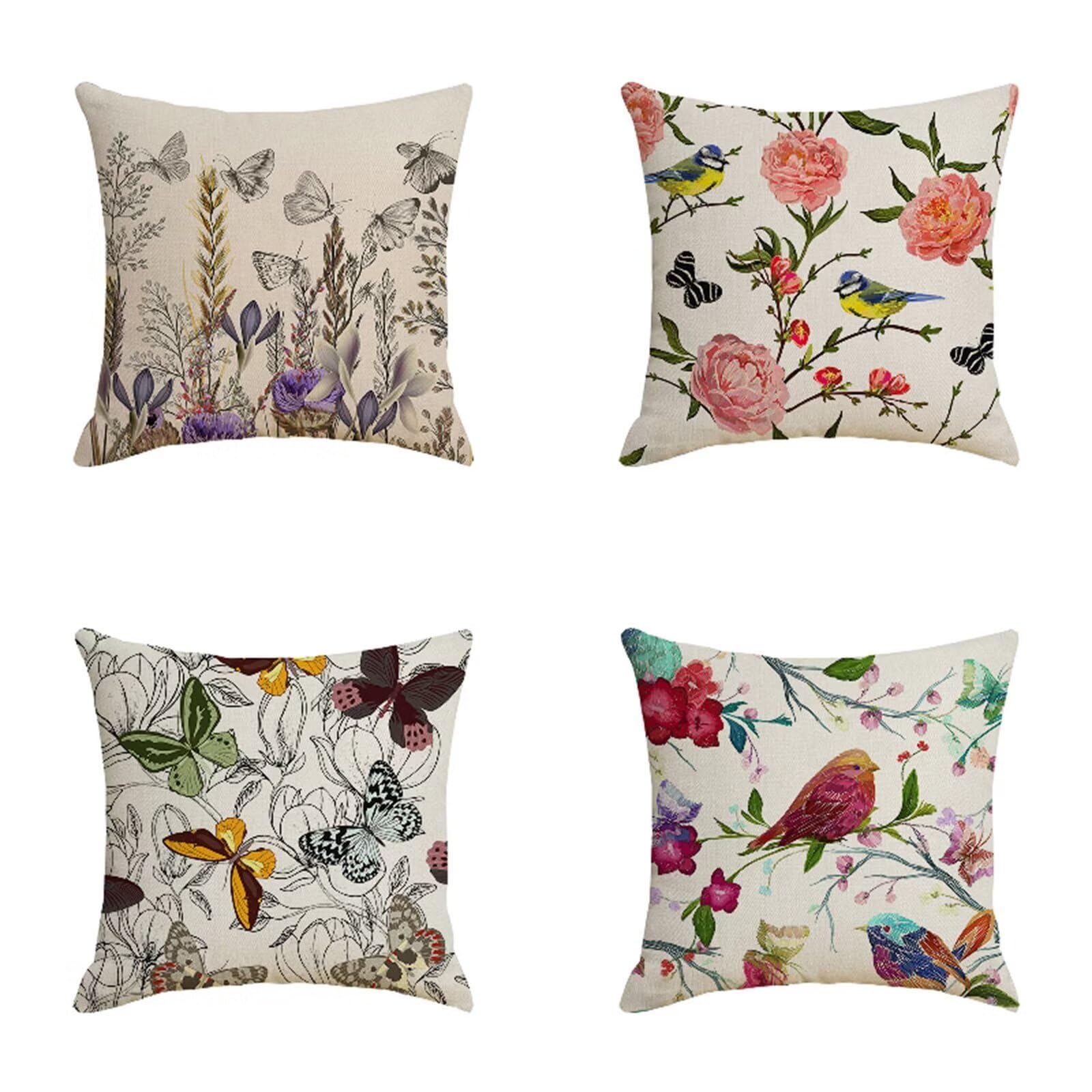 Juego de 4 Funda Cojin 65x65cm Fundas Cojines Sofa Idílico Doble Cara Suave Cojines Exterior Impermeable FlowerBird Cuadrado Funda de Almohada para Sofá Coche Cama Sillas Cojines Decorativos S-4804