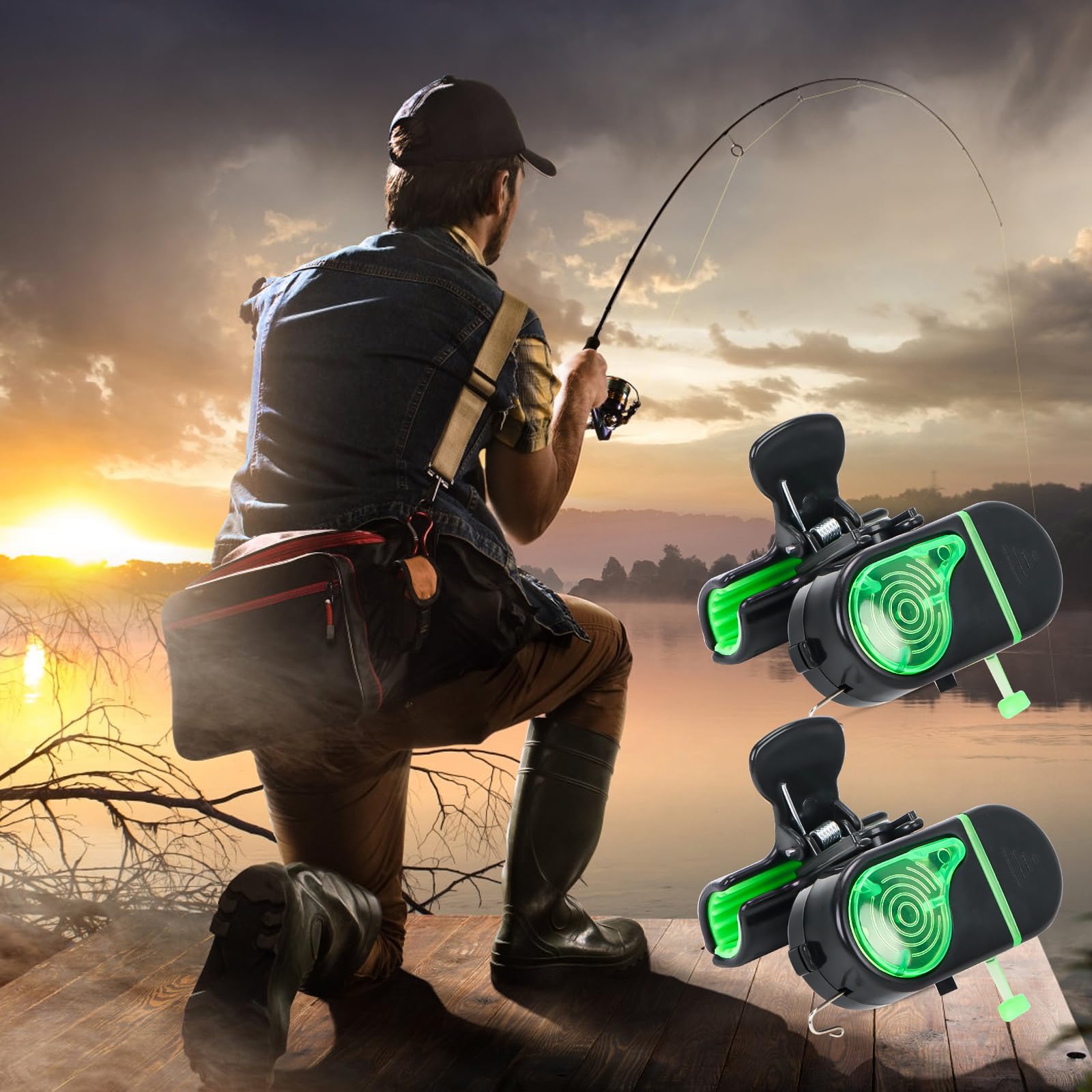 Byffoer Détecteur de touche de pêche à clipser avec lumière LED et son, sonnette de pêche, alarme électronique sensible, accessoire de pêche pour sports de plein air, adultes et hommes