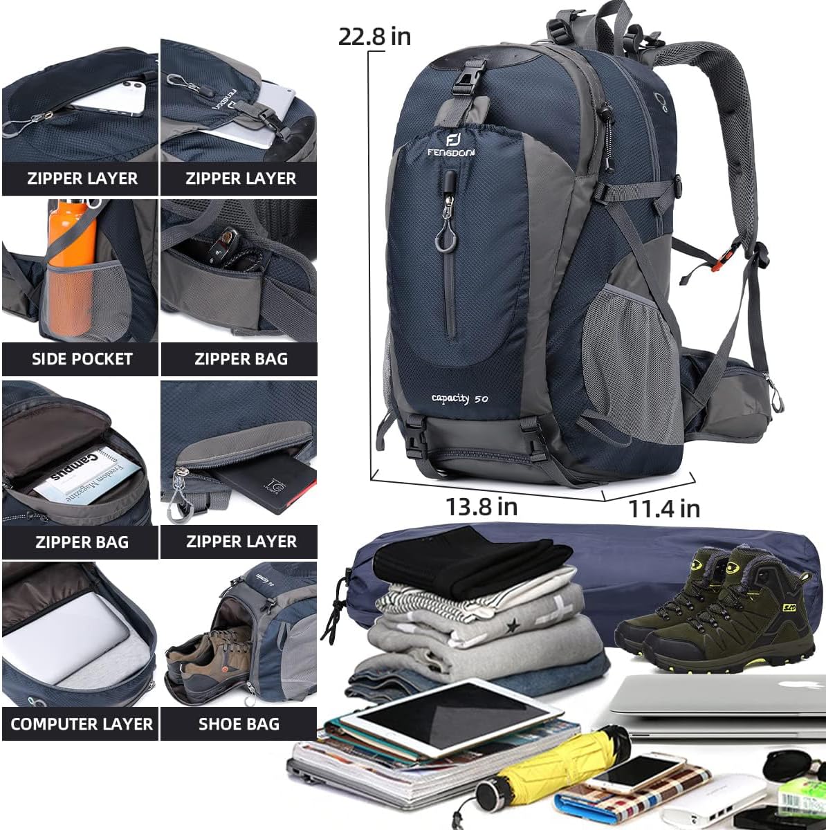 FENGDONG 50L Waterproof Lightweight Expandable Hiking,Camping,Travel Backpack with Shoes Compartment for Men Women Blue - Image 2