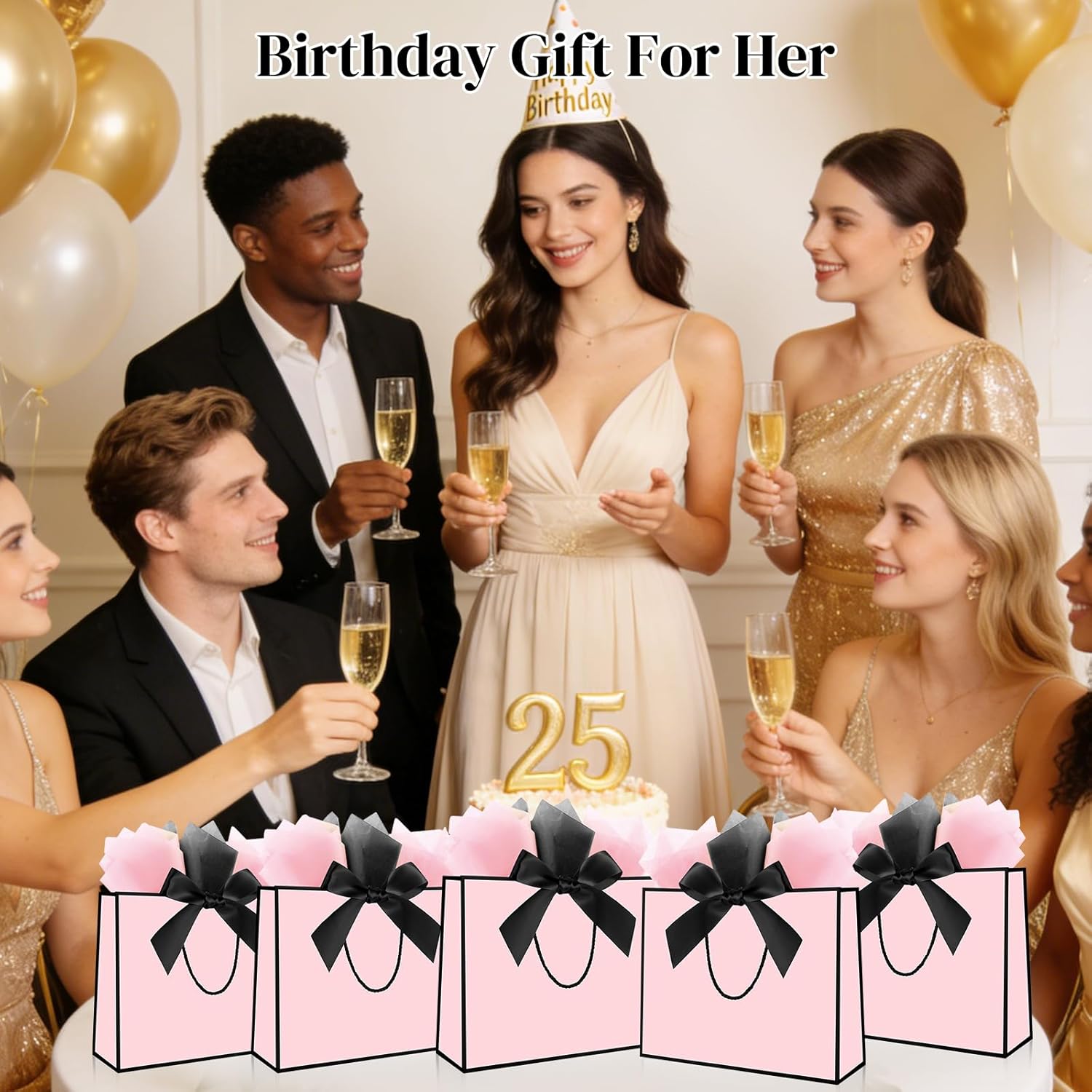 Ethhqu 12 Pack Gift Bags with Handles, Medium Size 12.6x10x4'' - Includes 24 Tissue Paper, Bows Ribbon & Cards for Wedding, Bridesmaids, Birthday,Thank You, Valentine‘s Day & Holiday (Pink and black gift bags) - Image 7