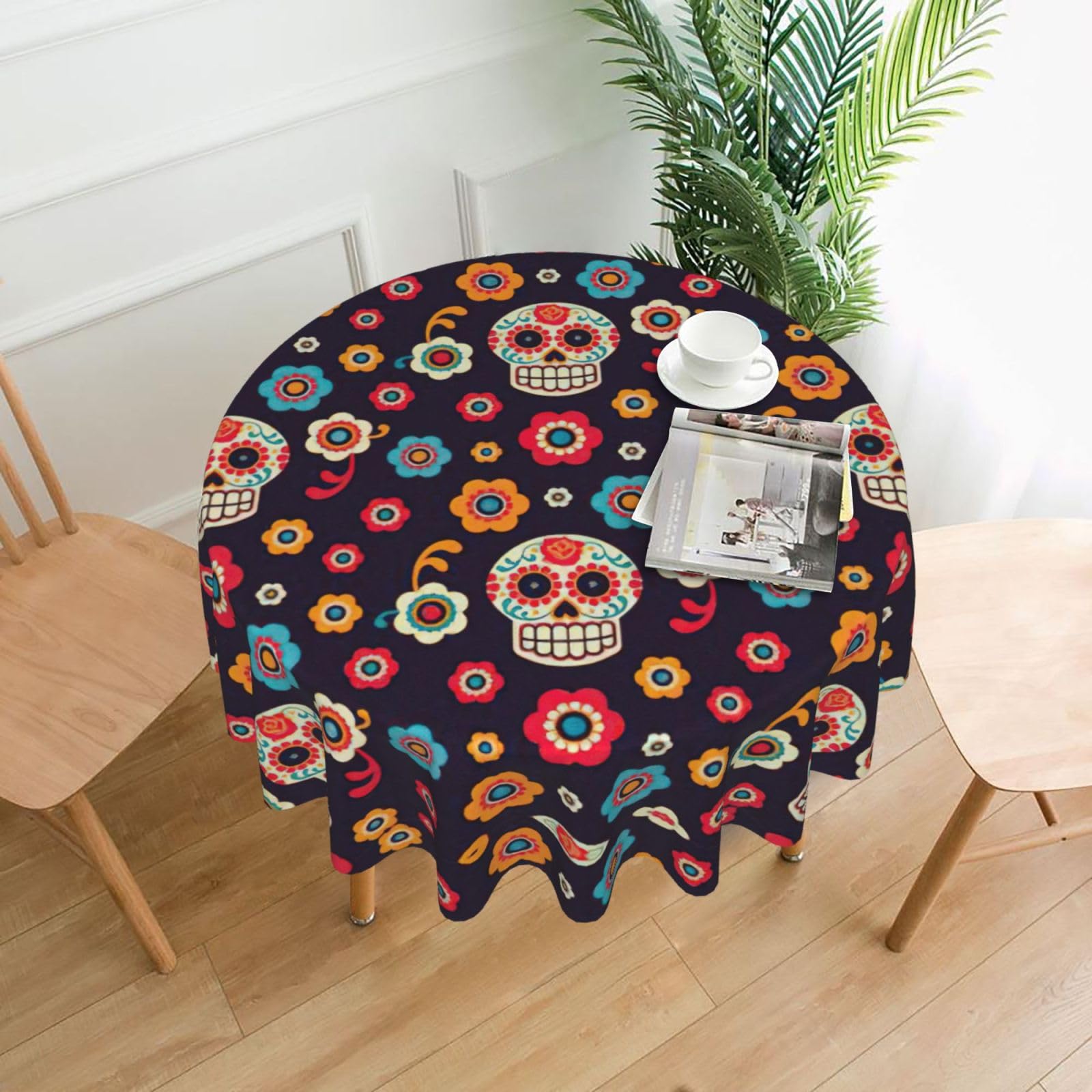 SDEGTHO Mexican Skull Print Modern Retro Round Tablecloth 60in Polyester Fabric Cover for Party Dining Table Washable
