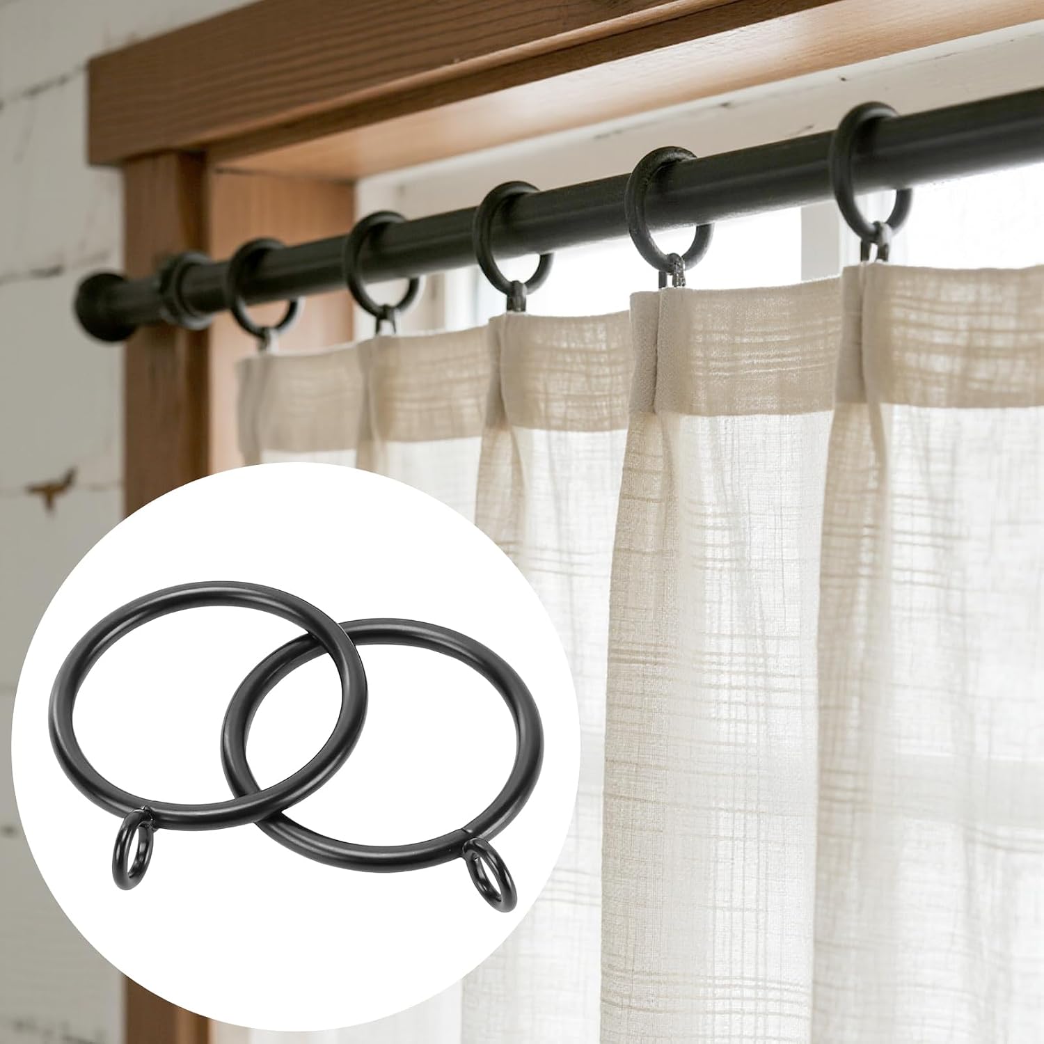 60 Pack Black Metal Curtain Rings with Eyelets, 1.5 Inch Drapery Rings for Curtain Rods, Heavy Duty