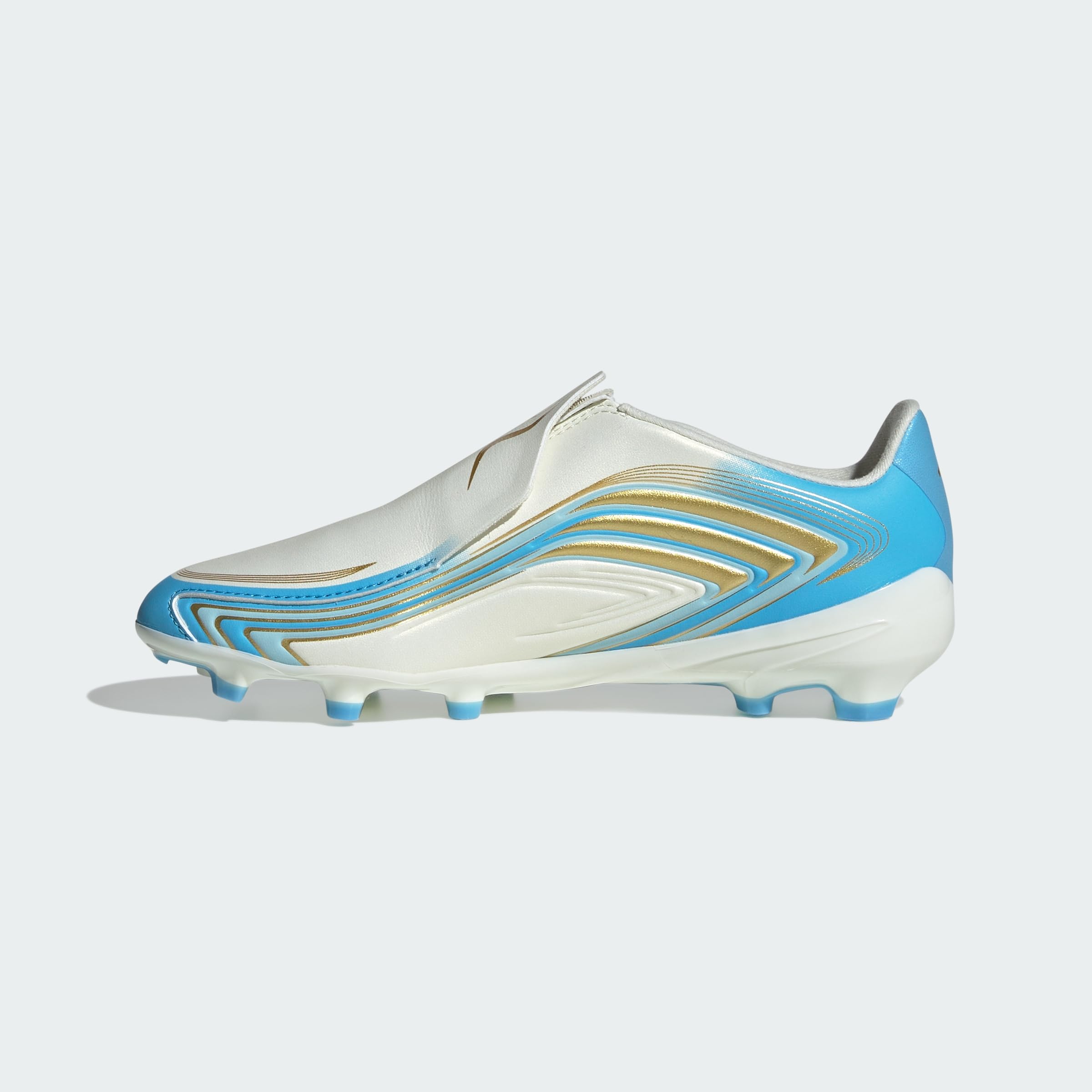 adidas Uniseks - dzieci F50 Messi League Laceless Firm Ground Football Boots Kids Shoes, ivory/semi blue burst/icey blue, 38 2/3 EU