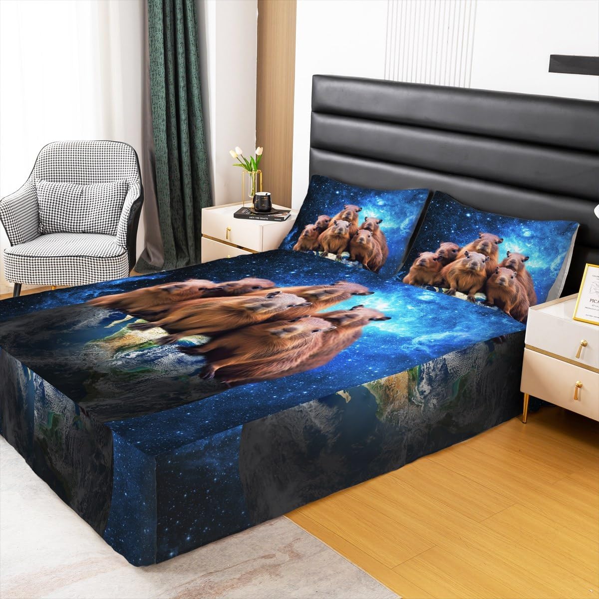 Funny Cute Capybara Sheet & Wrap Around Bed Skirt Galaxy Capybaras Bed Skirt, Cartoon Capybara Bed Wrap Sheet Set Capybara Dust Ruffle Pleated Bedskirt Fitted Sheet for Queen Bed with Split Corners