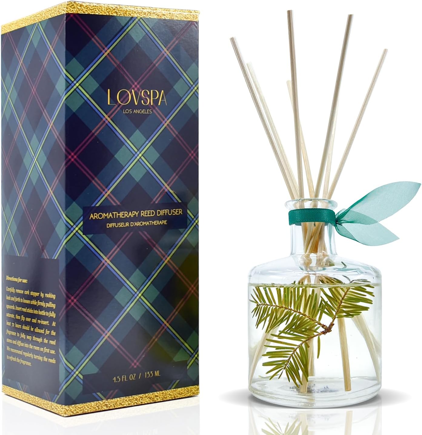 LOVSPA Fraser Fir Reed Diffuser Set – Pine Needle Scent – Holiday Home Fragrance Includes Reed Diffuser Sticks & Oil in a Glass Bottle – Made in The USA