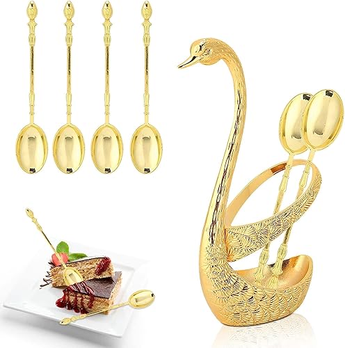 Miniatura 7 de LIZEALUCKY Juego de cucharas con soporte de base de cisne, 6 cucharas de postre, juego de cubiertos de postre, pequeñas cucharas delicadas para