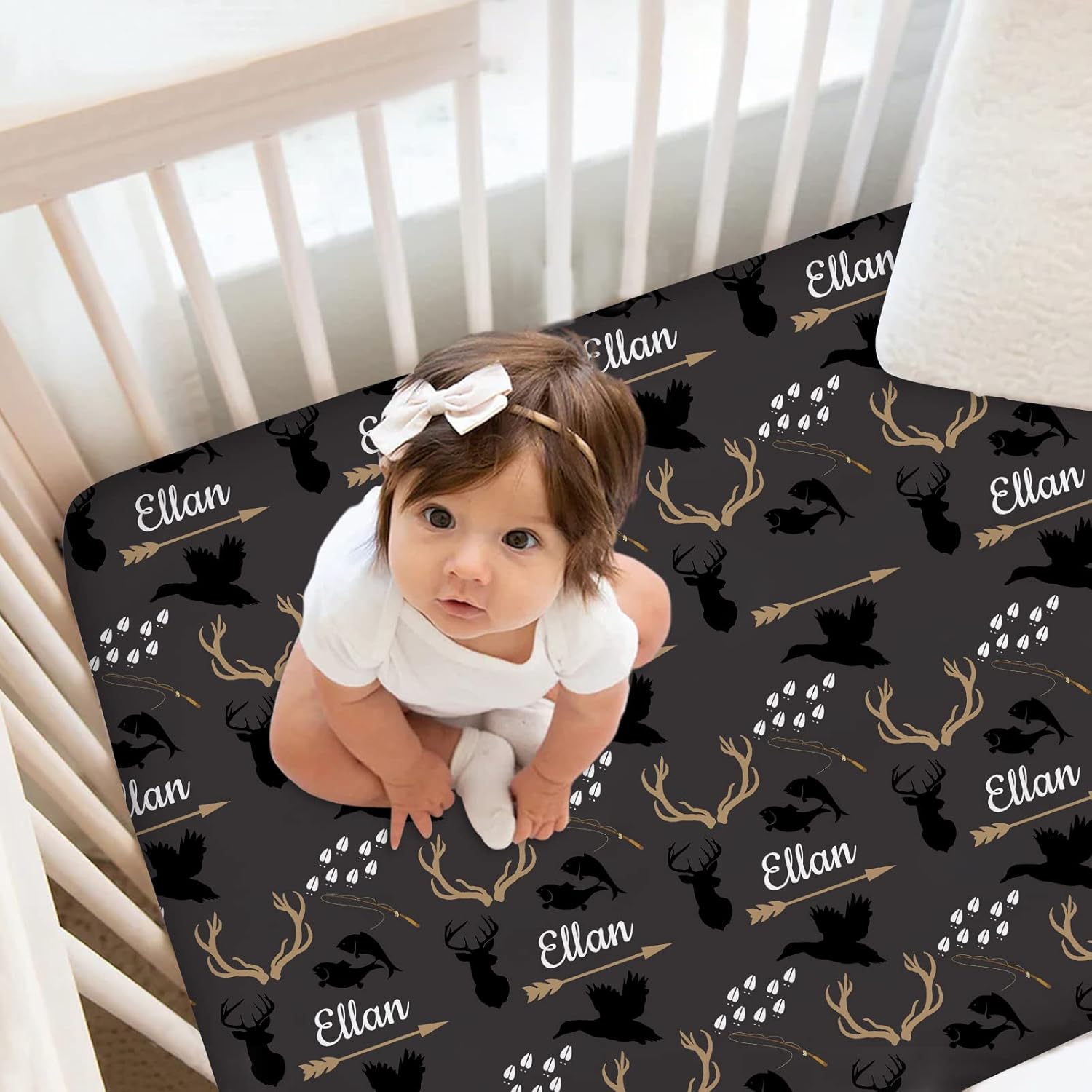 Deer Woodland Baby Crib Sheets, Personalized Antlers Fitted Crib Bedding Sheets with Name, Custom Crib Mattress Sheets for Baby Boys Girls, Pack and Play Sheets, Name Crib Sheets
