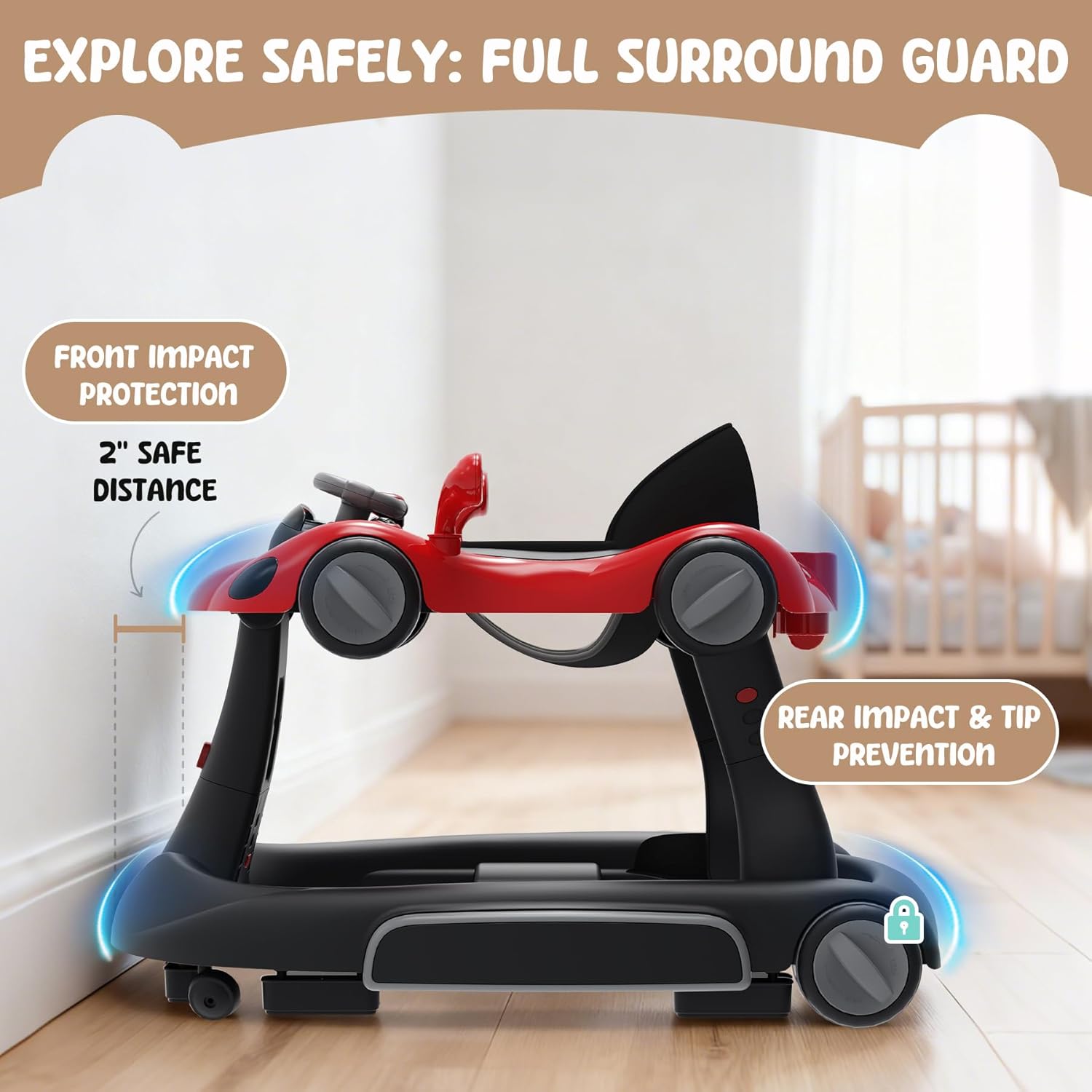 6 in 1 Foldable Baby Walker, Activity Baby Walker-Baby Bouncer, Rocker, Activity Center,Push Walker,Detachable Trampoline Mat, Adjustable Speed Rear Wheels and Height,Music & Lights,Ages 6-18 Months - Image 5