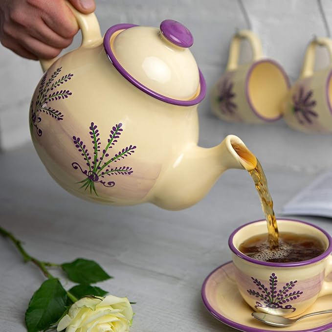 City to Cottage Ceramic 60 oz Teapot, Large Tea Pot for Bloomig and Loose Tea Leaf, Handcrafted Premium Teaware, Cream Lavender Floral Tea Pot for (5-