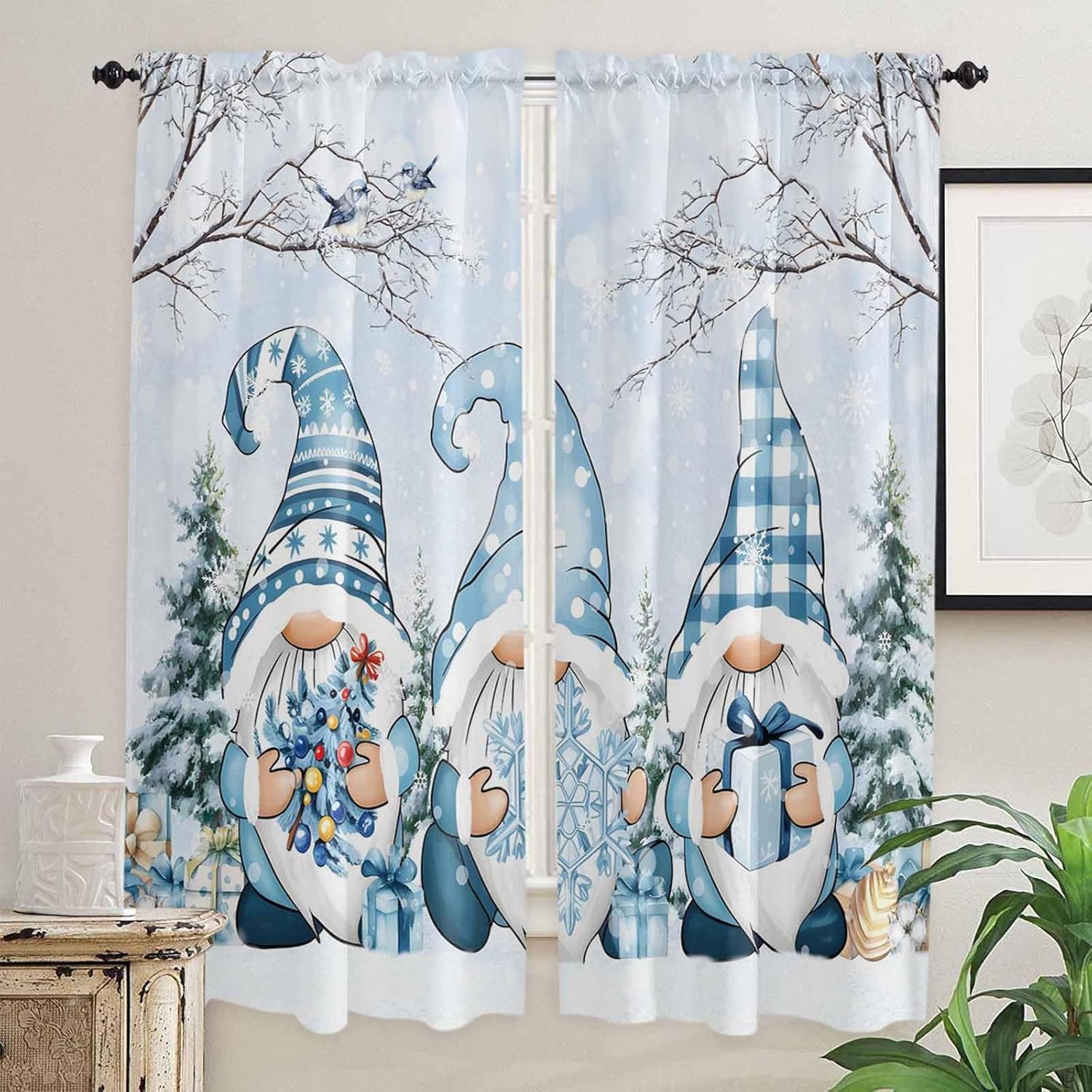 Blue Gnomes Christmas Window Curtains 72 Inch Long 2 Panel Set,Rod Pocket Long Curtains & Drapes,Xmas Tree Branches Snowflake Gifts Light Filtering Window Treatment for Bedroom Living Room 52"W x 72"L