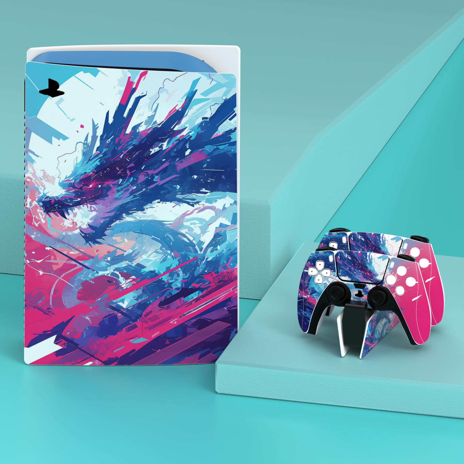 PlayVital Neon Dragoon Full Set Skin Decal for PS5 Console Disc Edition, Sticker Vinyl Decal Cover for PS5 Controller & Charging Station & Headset & Media Remote - 3