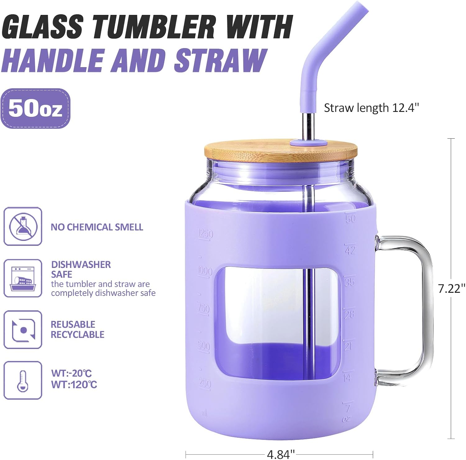 50 oz Glass Water Bottles with Silicone Sleeve,Glass Tumbler with Lid and Straw,Iced Coffee Cup with Handle,BPA Free-Purple - Image 6