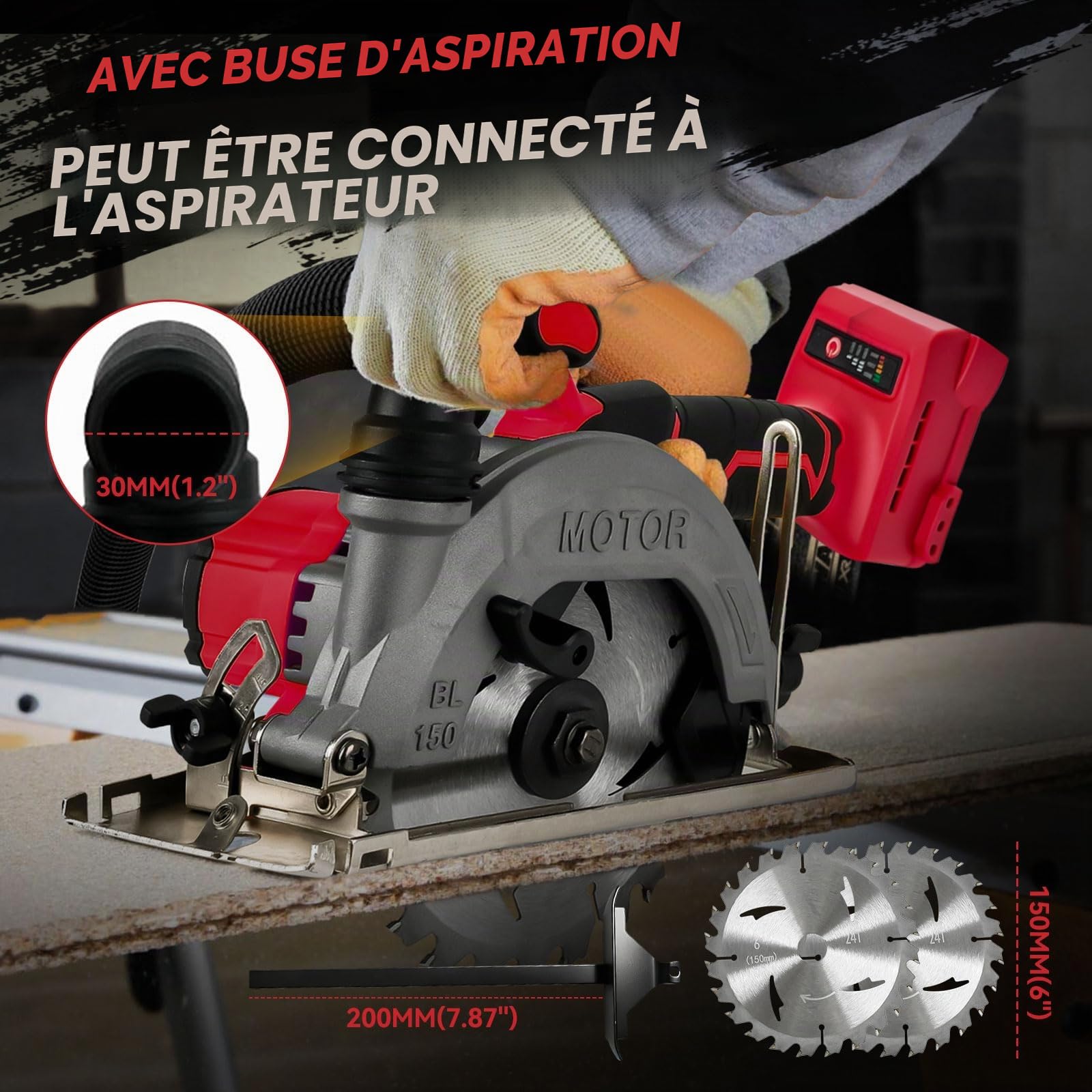 Scie circulaire sans fil de 15,2 cm compatible avec Milwaukee M18, scies circulaires sans balais de 6200 tr/min avec 2 lames de 150 mm, profondeur de coupe 50 mm, biseau de 0 à 45° pour coupe du bois