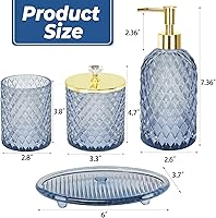 Vista 2 de Jenseits Glass Bathroom Accessory Set 4 Piece - Elegant Blue Diamond Cut Bathroom Set - Lotion Dispenser, Toothbrush Holder, Cotton Swab Jar, Tray