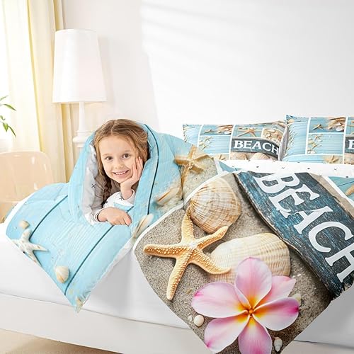 Miniatura 6 de Erosebridal Edredón de playa Hawaii, juego de ropa de cama y colecciones de conchas marinas con estrellas de mar, flores de cerezo rosa, edredón de