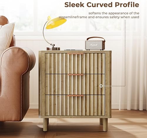 Miniatura 6 de Fluted Nightstand with Charging Station, Multifunctional 3 Drawers Storage Bedside Table, Solid Wood Modern Nightstand, Curved Profile Design, End