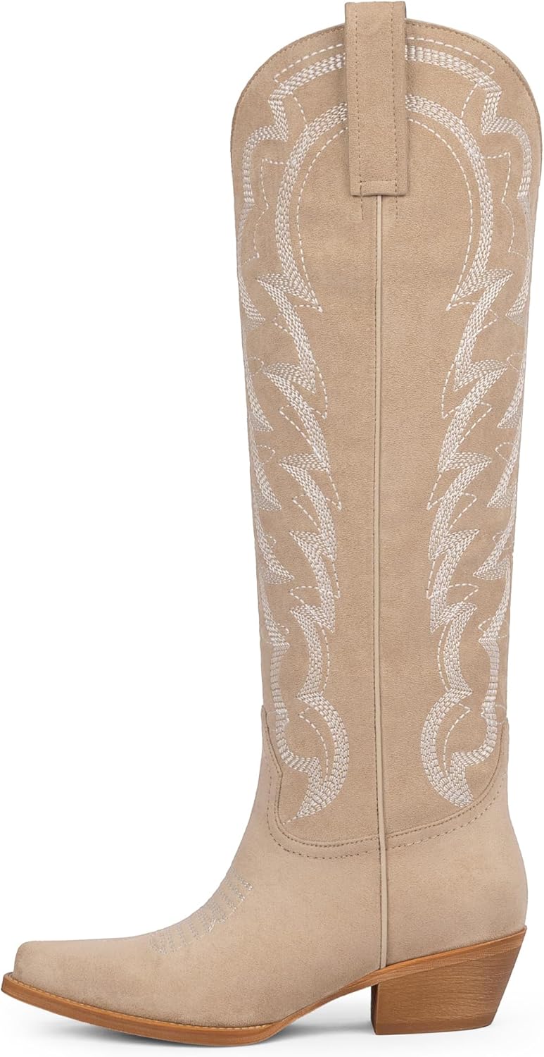 Modatope Cowboy Knee High Boots for Women Pointed Toe Chunky Heel Embroidered Wide Calf Cowgirl Boots Women Pull on Western Boots - Image 4