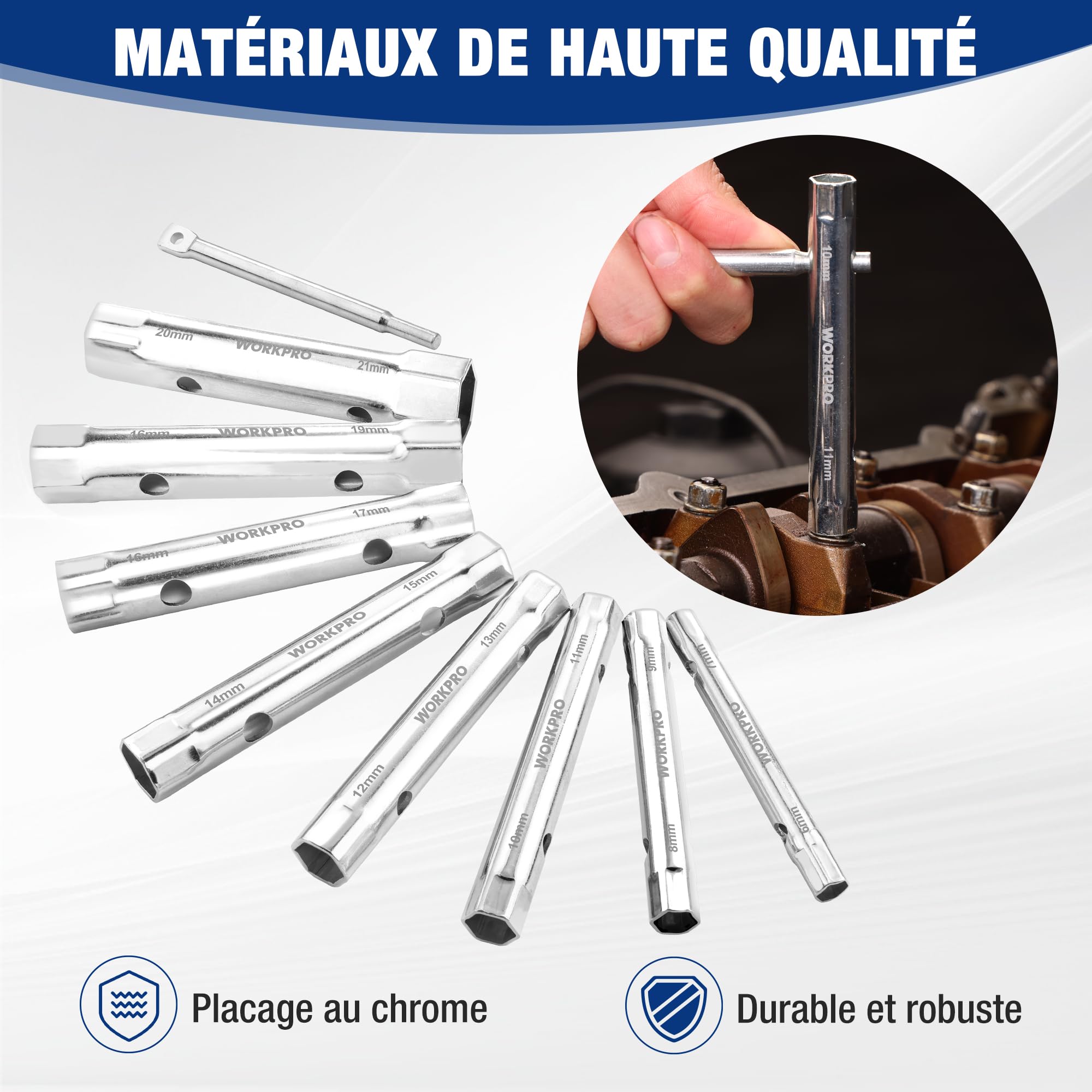 WORKPRO Jeu de 9 Clés à Bougie et à Pipe | Clés à Tube de 6x7 à 20x22 mm avec Barre de Rotation et Sac de Rangement, pour Réparation Auto et Bricolage