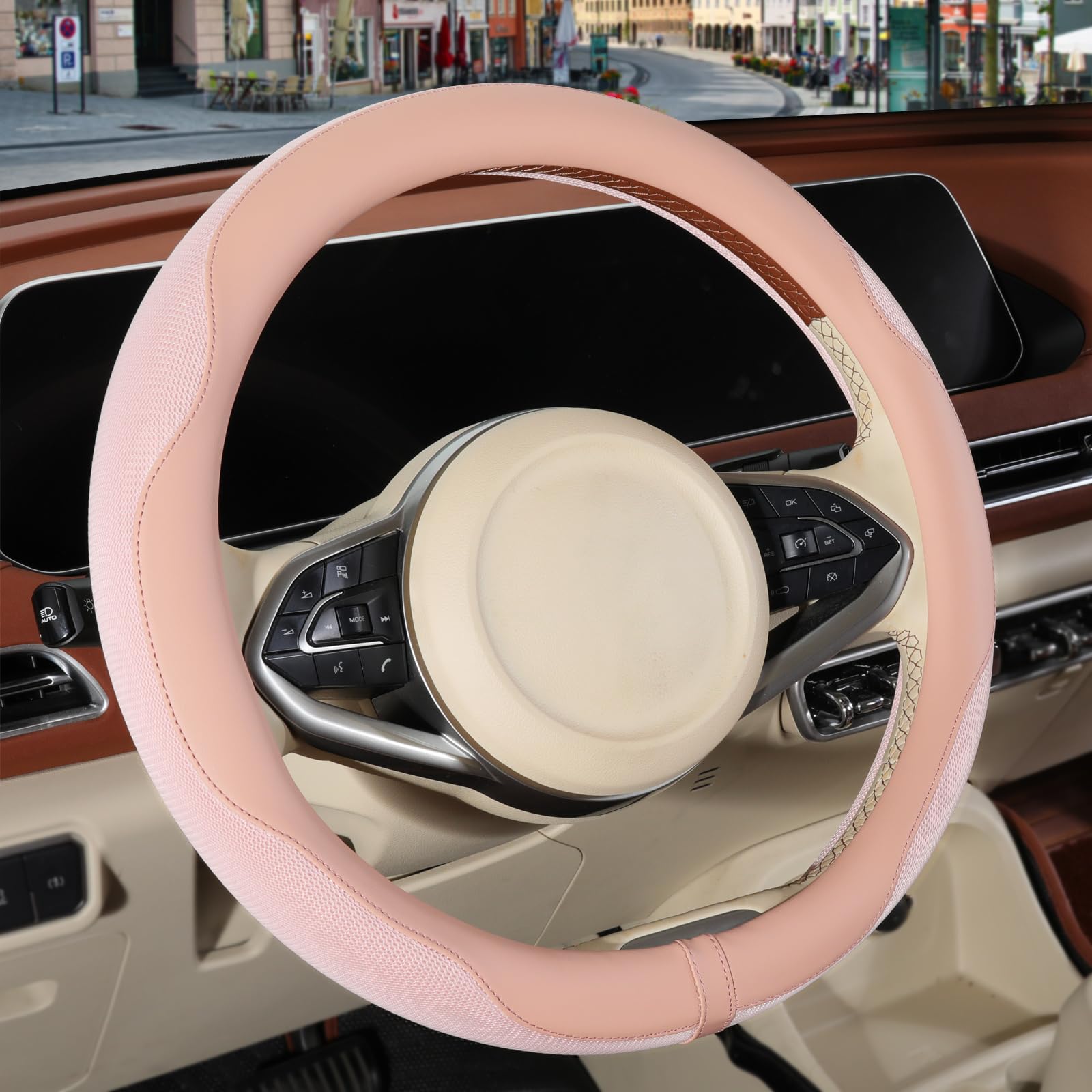 Nappa Leather Pink Steering Wheel Cover Women Large 16 inch | Non-Slip Breathable Microfiber Leather and Ice Silk Fabric, Warm in Winter and Cool in Summer, 15.5 inch to 16 inch-image-21