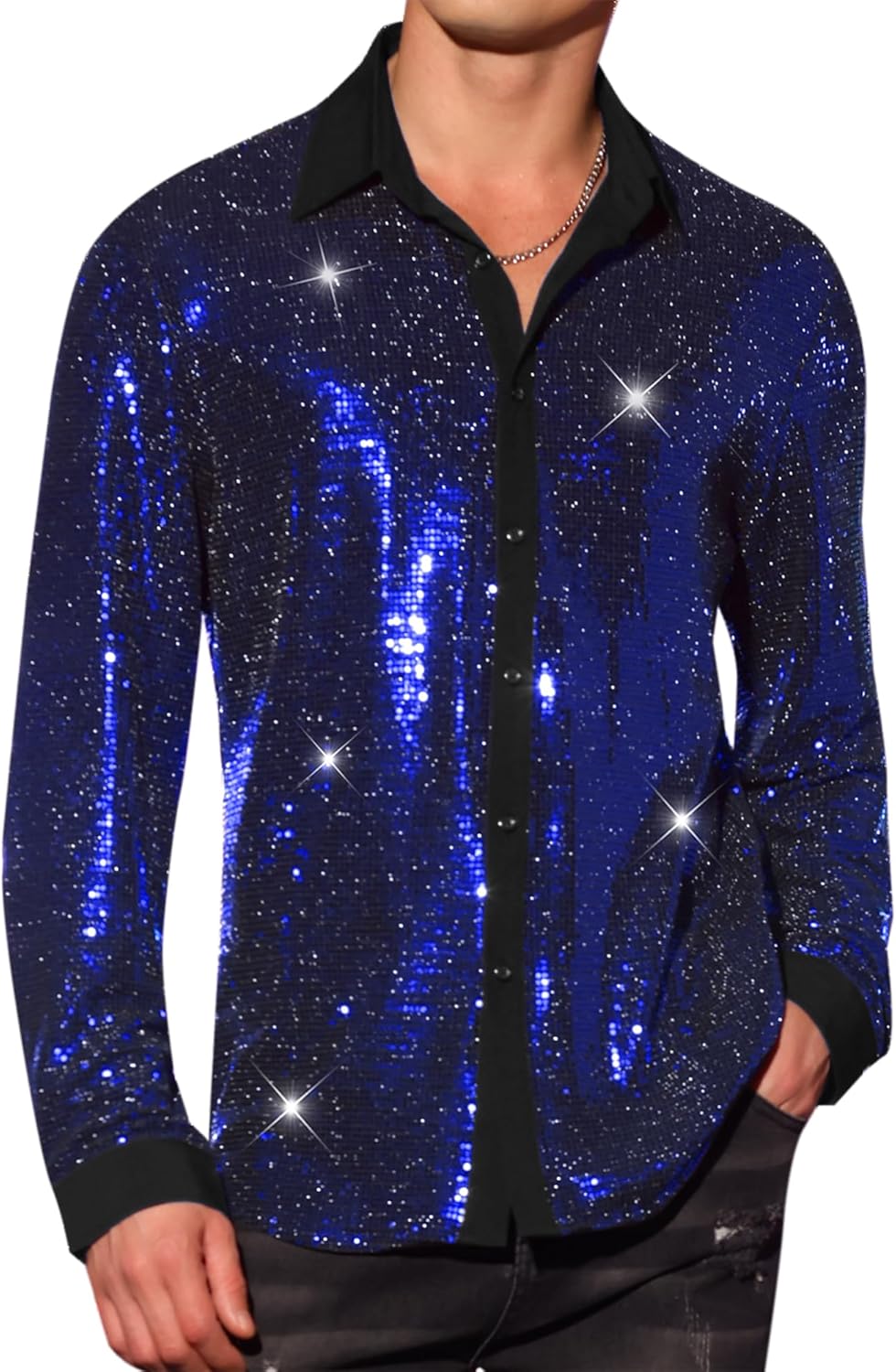 Lars Amadeus Sequin Shirts for Men's Long Sleeves Button Down Disco Party Metallic Shiny Shirts