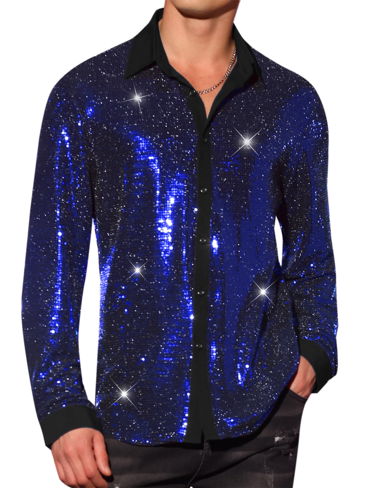 Sequin Shirts for Men's Long Sleeves Button Down Disco Party Metallic Shiny Shirts