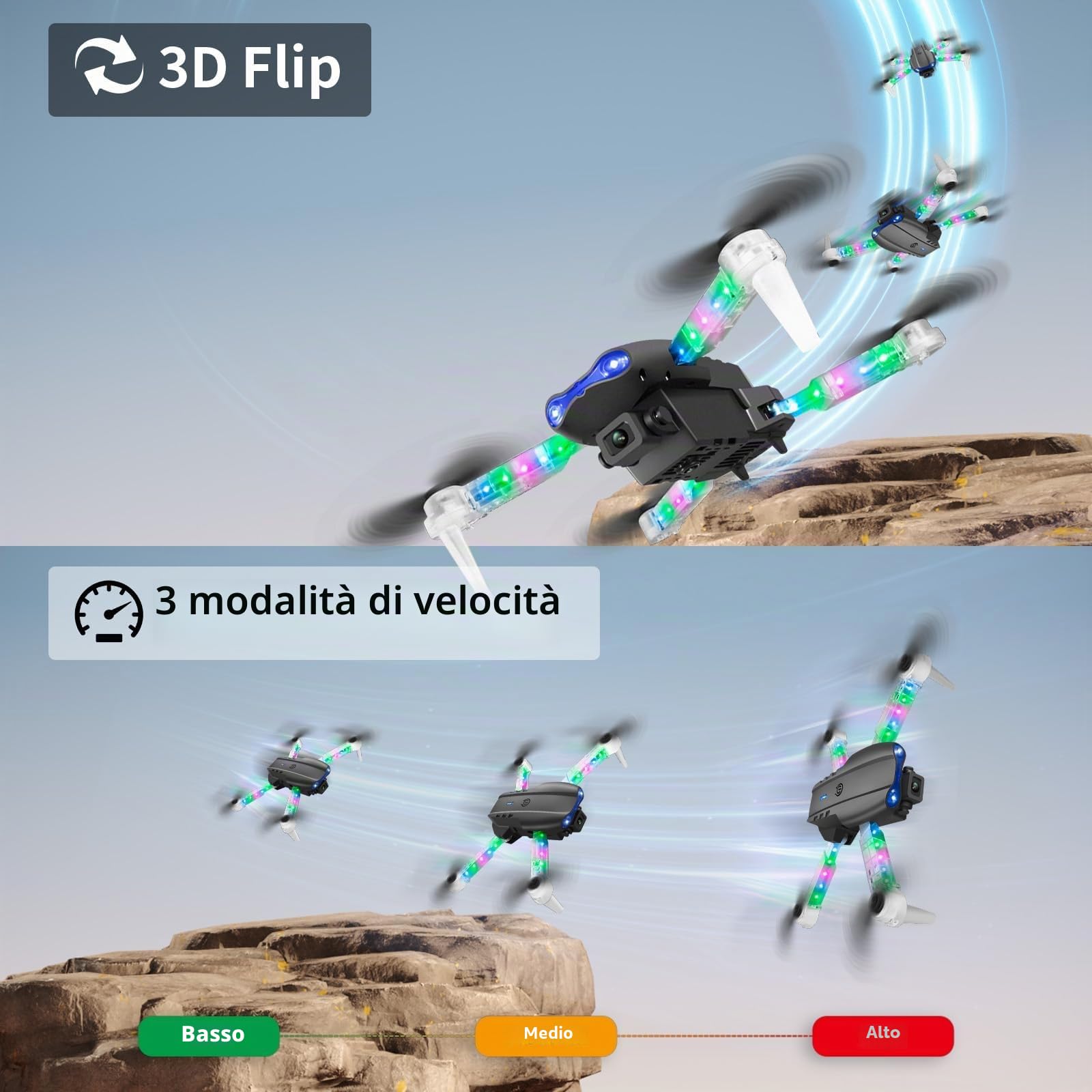 OBEST Drone con Telecamera per Principiante,Mini Drone Professionale con Luce LED Colorata,Wifi FPV Pieghevole RC Quadcopter,Capovolgimento 3D,Atterraggio e Volo con un Clic