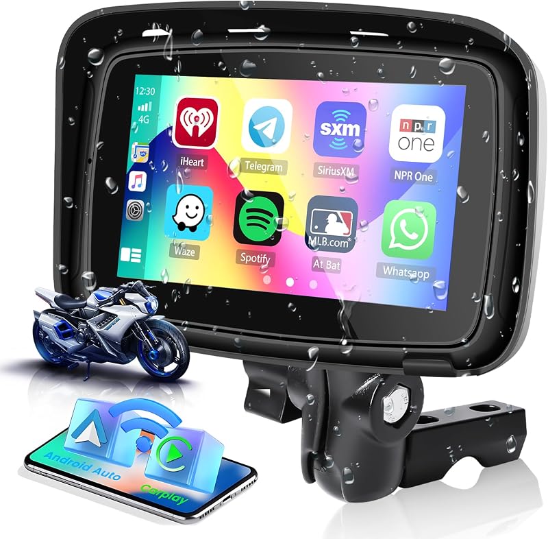 Hikity 5" Vízálló Motoros CarPlay Monitor - Kettős Bluetooth, Navigáció, Siri Támogatás, TF/USB Csatlakozás, Hordozható Autórádió Motorkerék