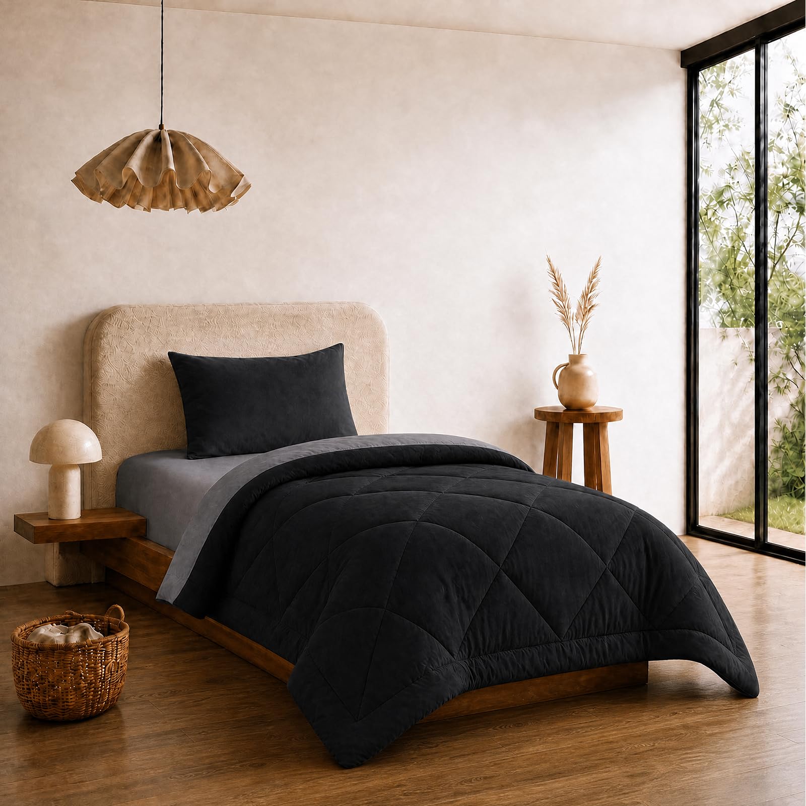 VelvetMis Coverless Duvet Single 10.5 Tog - 135x 200cm, Black And Dark Grey Quilt, Reversible Comforter with Pillowcase