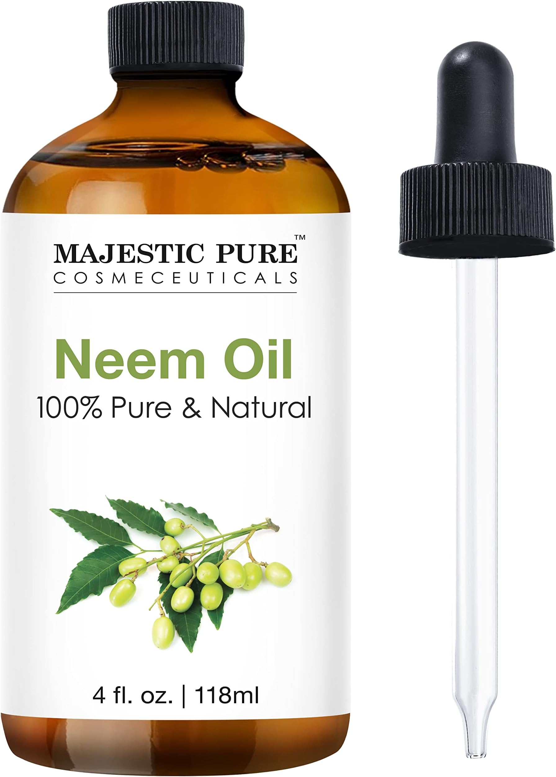 Majestic Pure Neem Oil Spray for Plants and Essential Oils Mixing, 100% Pure Cold Pressed, Safe for Dogs, Great for Skin/Hair Care, Massage Oil, Nails, Acne & Moisturizer for Dry Skin, 4 Fl Oz