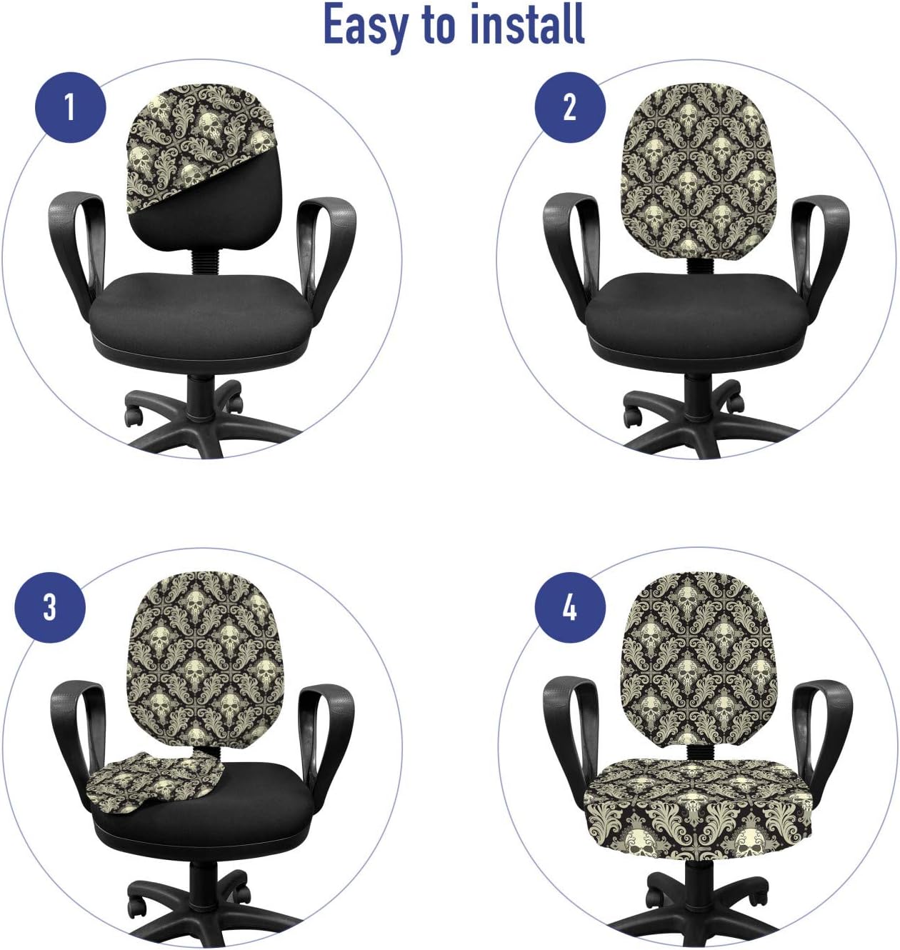 Lunarable Skull Office Chair Slipcover, Skulls with Floral Curly Details Antique Victorian Design Gothic Elements, Protective Stretch Decorative Fabric Cover, Cream Taupe Black