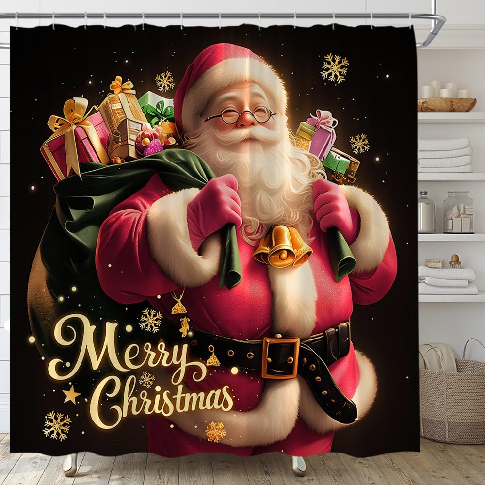Merry Christmas Shower Curtain Cute Retro Christmas Santa Claus Snowflake Winter Holiday Fabric Bathroom Decor Set with Hooks,(84" Wx70 H)