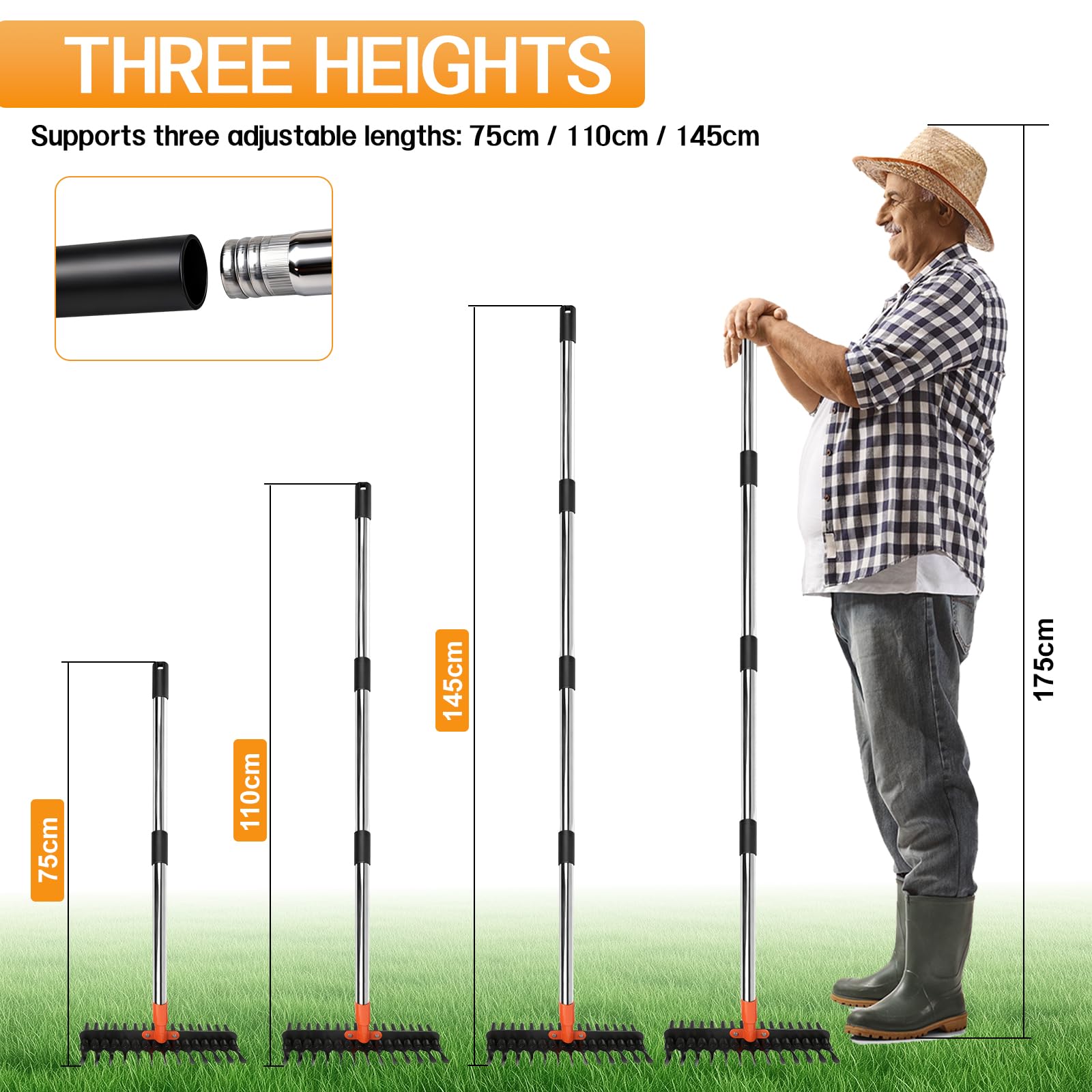 Rastrello Giardino per Erba con Manico Regolabile 75cm/110cm/145cm, Rastrello per Foglie, Rastrellos per Paglia, Estirpatore Erbacce Manuale per Arare e Dissodare il Terreno