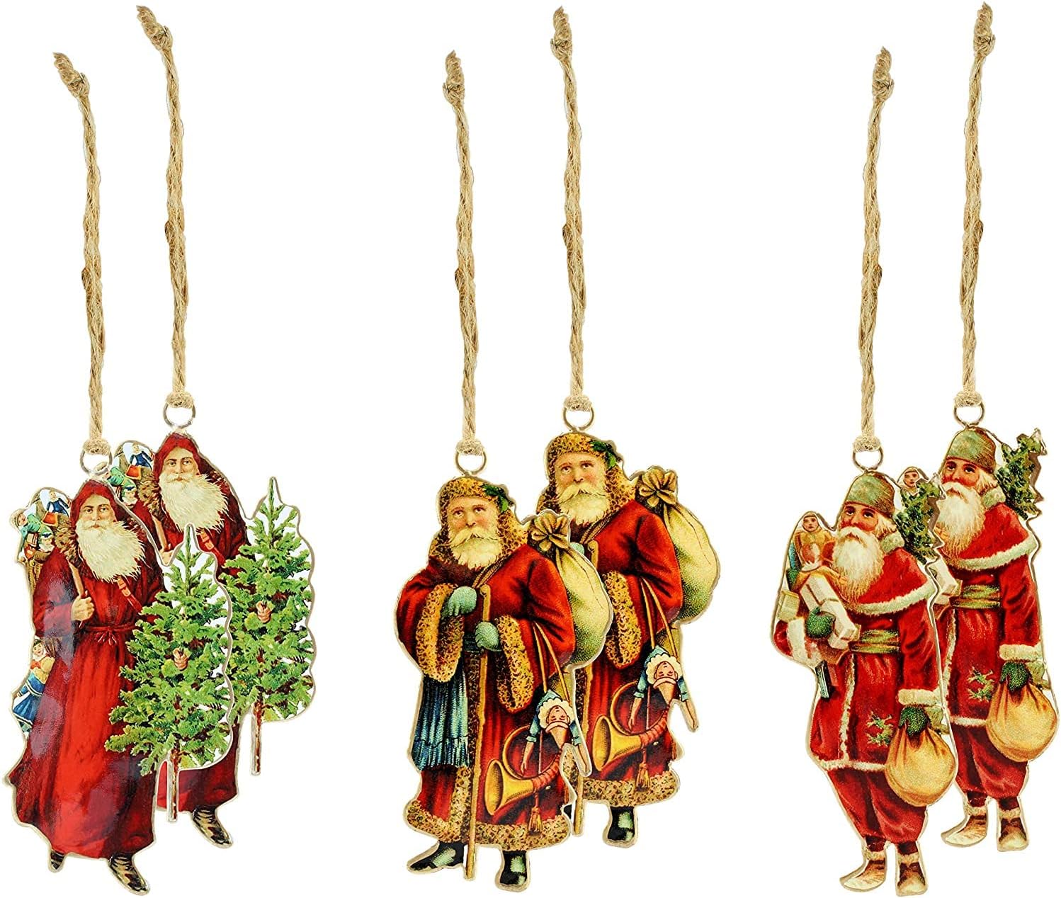 AuldHome Vintage Santa Christmas Ornaments (3 Designs, 6 Ornaments Total); Nostalgic Retro Tree Decorations in Metal Frames