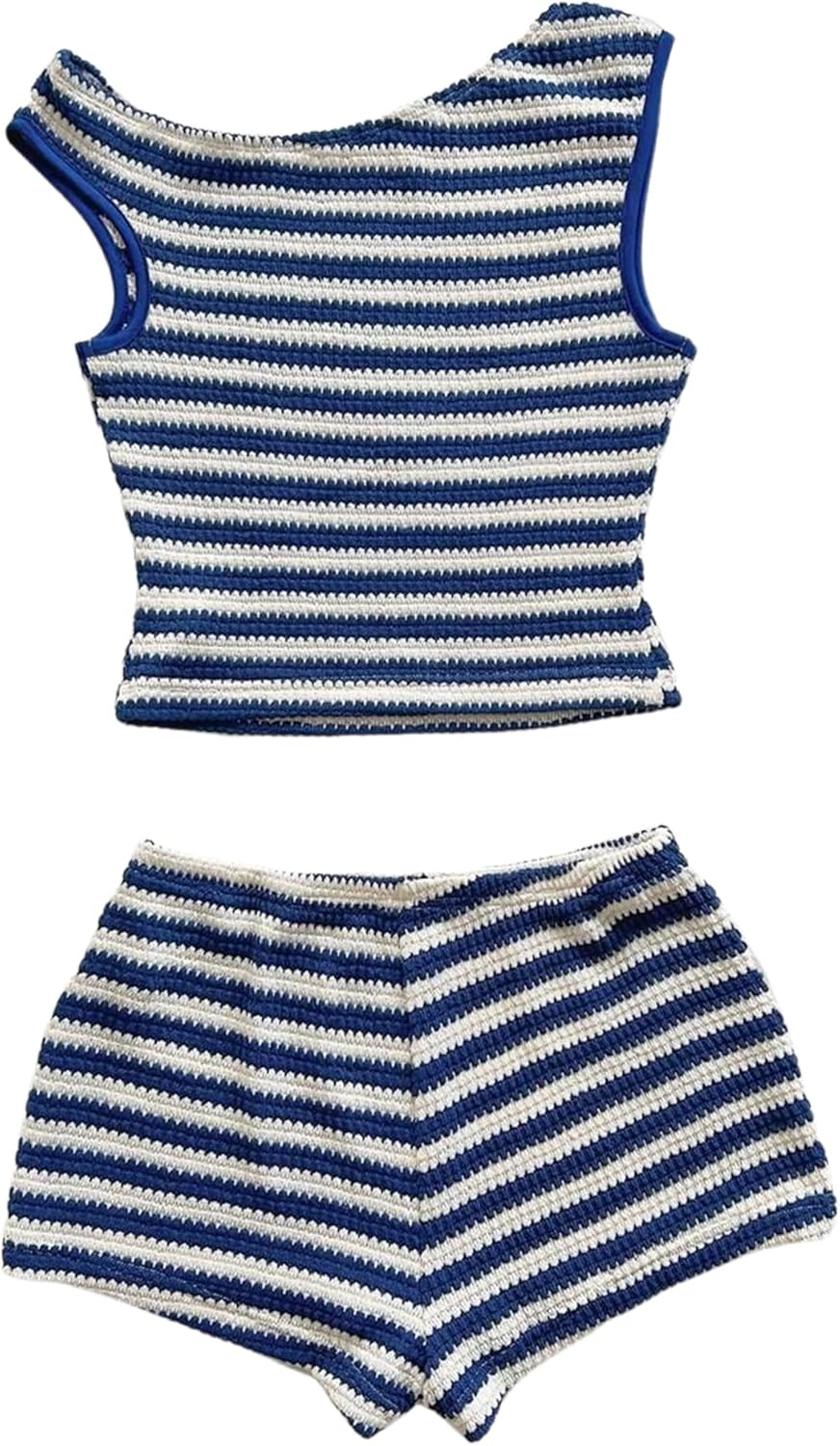 Women's 2 Piece Striped Summer Outfits Off The Shoulder Knit Crop Tops and Mini Shorts Vacation Sets - Image 2