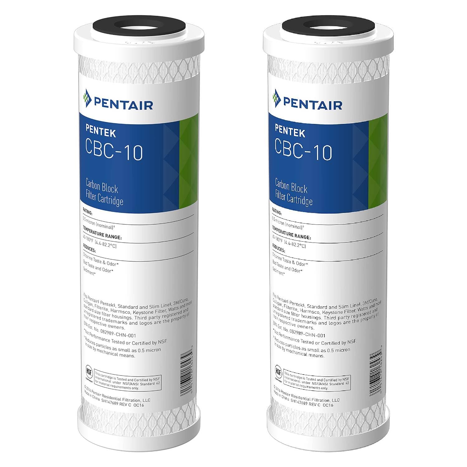 PentekPentair CBC-10 Carbon Water Filter, 10-Inch, Under Sink Carbon Block Replacement Cartridge with Bonded Powdered Activated Carbon (PAC) Filter, 10" x 2.5", 0.5 Micron, Pack of 2