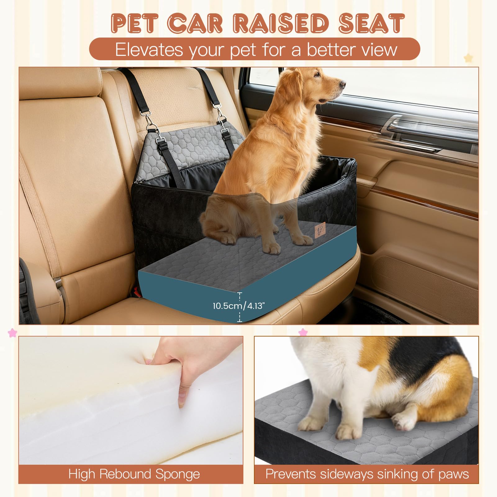 Asiento Perro Coche, Extra Estable Cama Perro Coche con Espuma Viscoelástica, Funda Lavable y Cinturón de Seguridad, Asiento Coche Perros Medianos y Grandes de hasta 55 kg, 78x55x53 cm - 4
