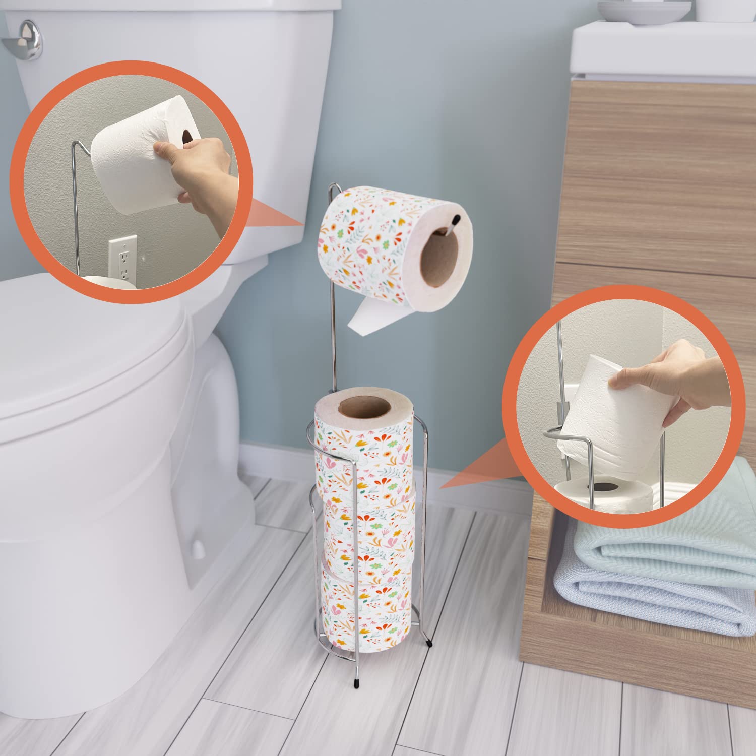 Absolute Living Free Standing Toilet Paper Holder with Storage, Holds 5 Rolls Total, 24.5" Tall - Image 4