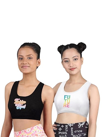 Sports Bra for Women & Girls (Pack of 2) Cotton Non-Padded Full Coverage Beginners Non-Wired T-Shirt Gym Workout Bra with Regular Broad Strap, Training Bra for Teenagers